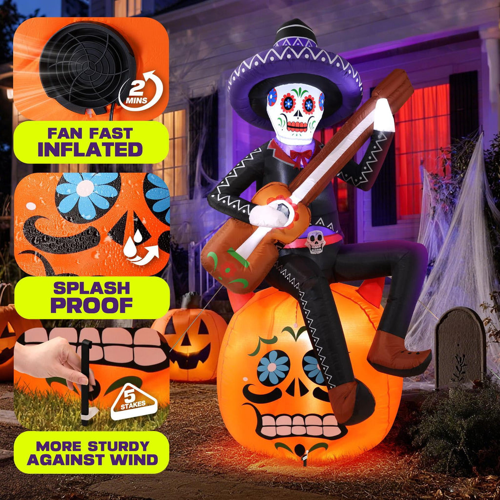 Haunt & Co 6FT Halloween Inflatable Outdoor Decoration, Day of the Dead Skull with Guitar