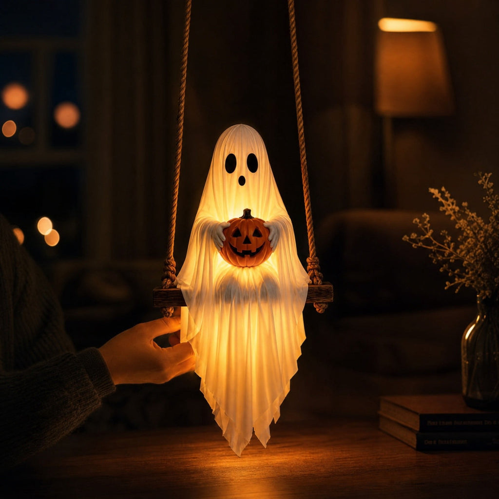 Haunt & Co Halloween Swing Ghost Pumpkin Hanging Decor Warm Led Strip Cute Gentle Halloween Ornament With Wood Base Rope For Garden Tree Porch Balcony Party