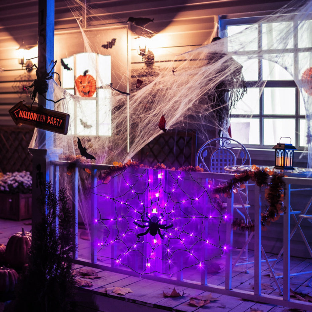 Haunt & Co Halloween Spider Web Light LED and a 5in Spider, 3.28ft Spider Web Light Decorations 70 LED Lighted, Indoor Outdoor House Yard Garden Scary Halloween Window Light, Battery Operated, Purple