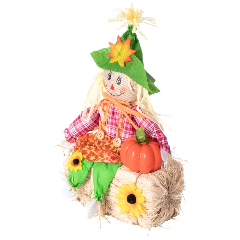 Haunt & Co Gardenised 18 Inch Sitting on Straw and Hay Bales Multicolor Trio Scarecrows for Halloween, Fall and All Time Season Garden Decor, Perfect to Add a Festive Touch to Your Lawn