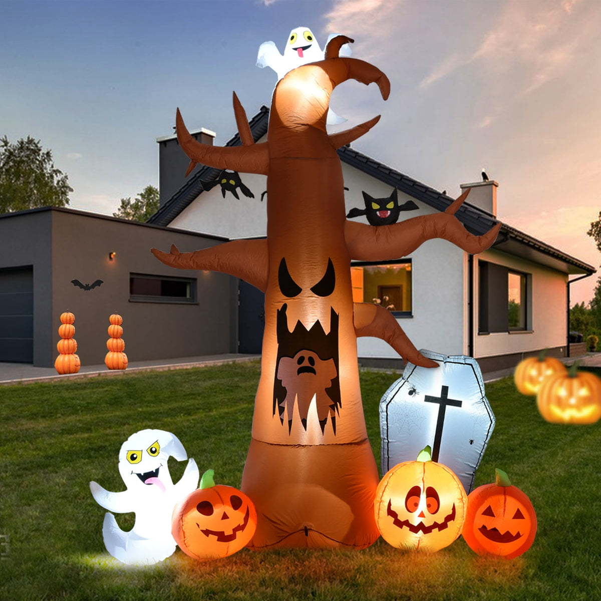 Haunt & Co Coolmade 8 ft Halloween Inflatable Outdoor Dead Tree with Ghosts Pumpkins Tombstone Bat, Halloween Blow Up Yard Decorations Clearance with Build-in LED Lights for Holiday Party Lawn Yard Garden
