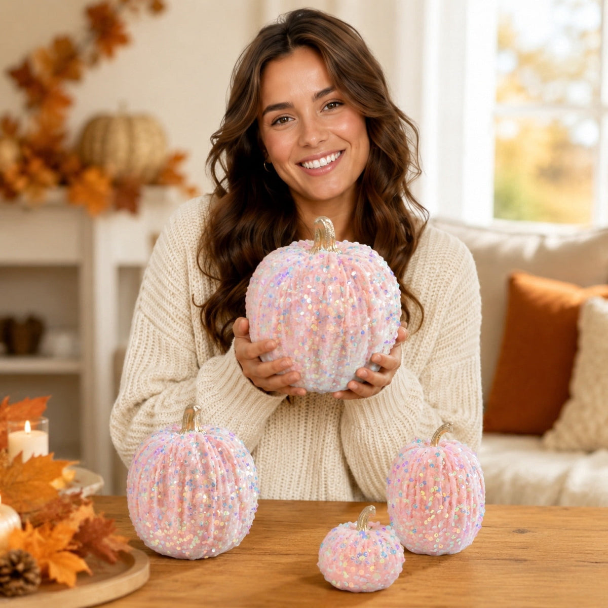 Haunt & Co Gaecuw 7 Pack Glitter Pumpkin Decor Sequin Velvet Fall Ornaments for Thanksgiving Table, Halloween Display, Mixed Sizes, Beige