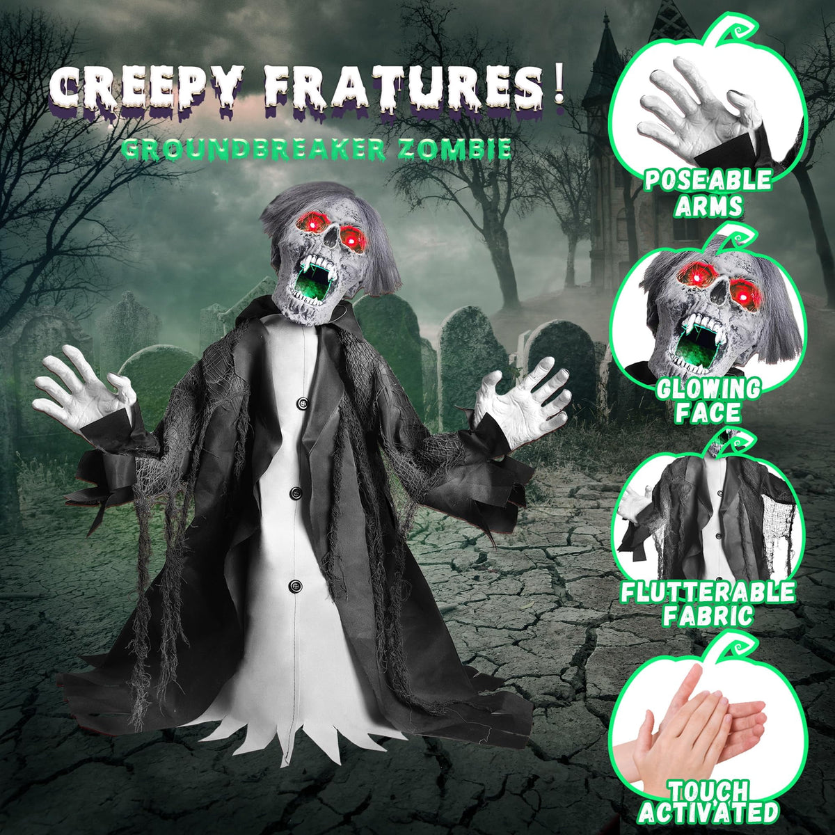 Haunt & Co Halloween Zombie Groundbreaker Decorations Outdoor with Light and Sound, 2.3FT Motion and Sound Scary Deco Props