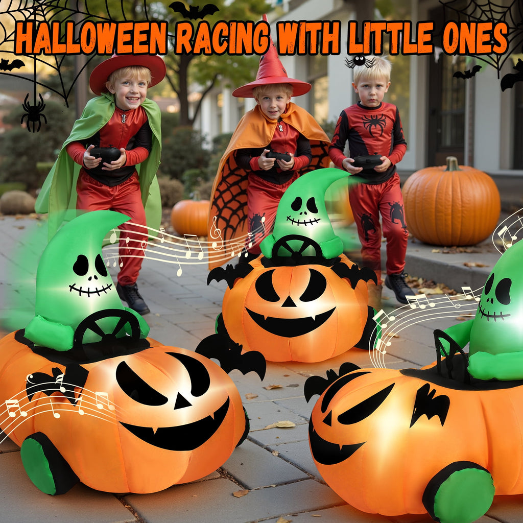 Haunt & Co (2 pack) 2.6ft Halloween Inflatable with Music and Lights,Remote Control Pumpkin Ghost Car,Blow ups Rc Car,Indoor Outdoor,Orange Green