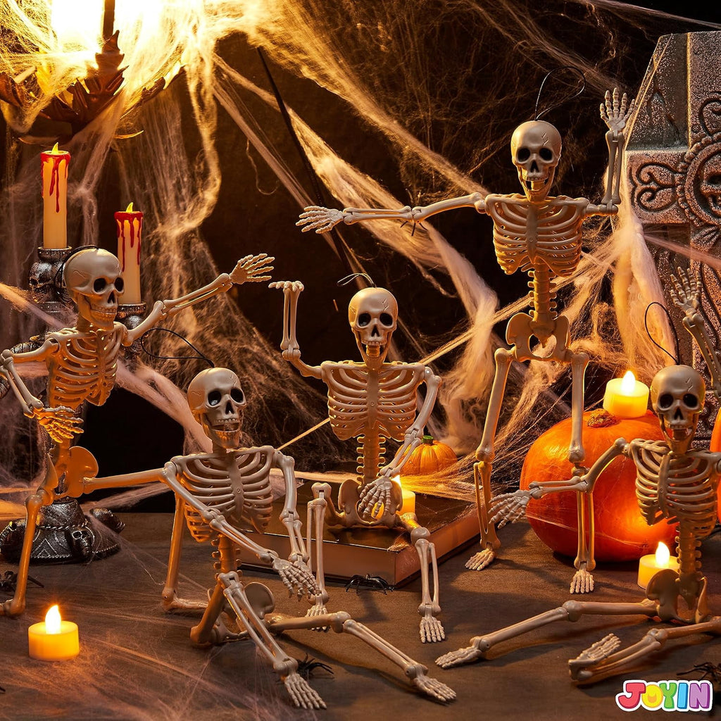 Haunt & Co 5 PCS Posable Halloween Skeleton Decor 16 Inches, Full Body Posable Joints Hanging Skeletons for , Graveyard Props, Haunted House Accessories, Spooky Scene Party Favors
