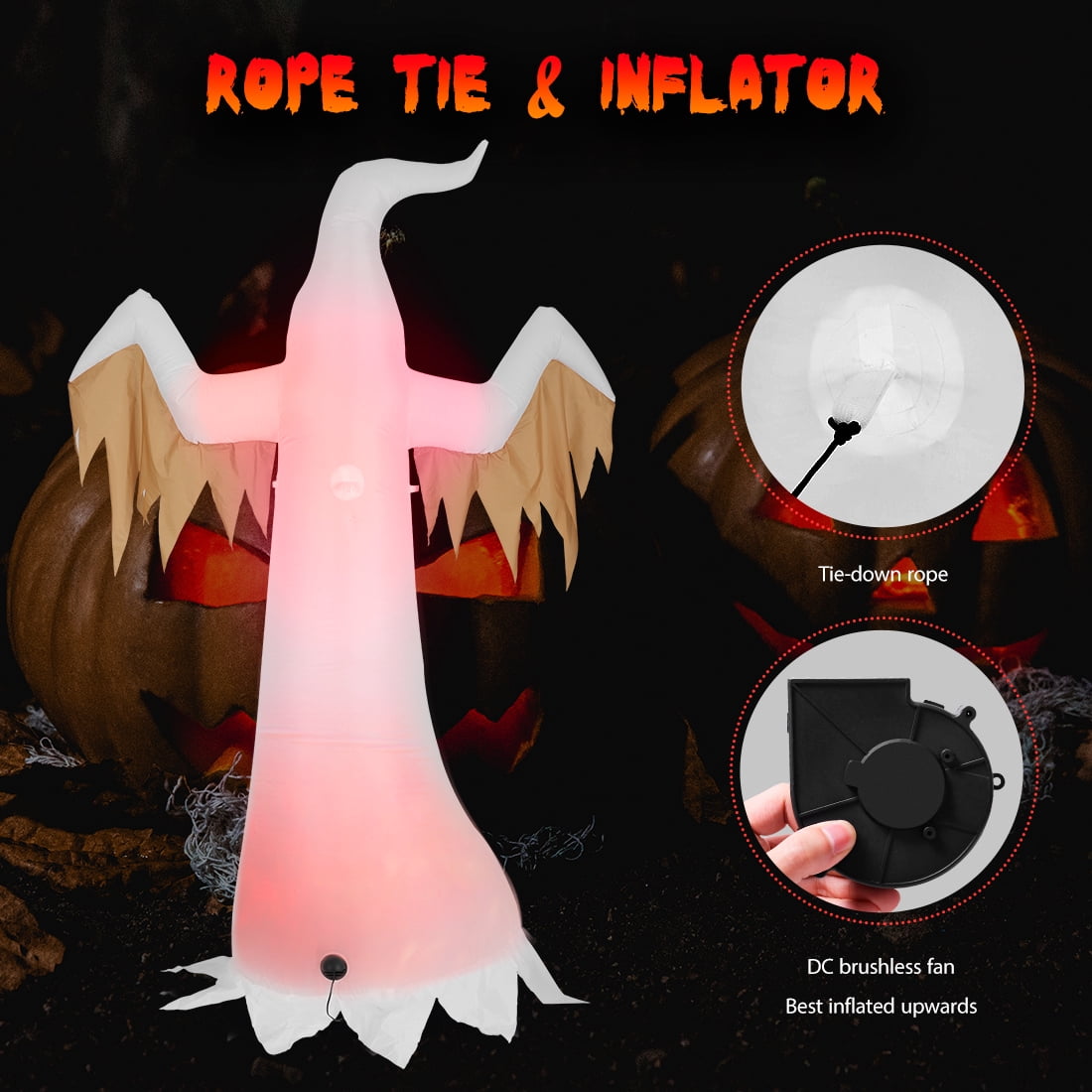 Haunt & Co VIVOHOME 8ft Height Halloween Inflatable White Ghost with Red Rotating Led Lights Blow up Outdoor Lawn Yard Decoration