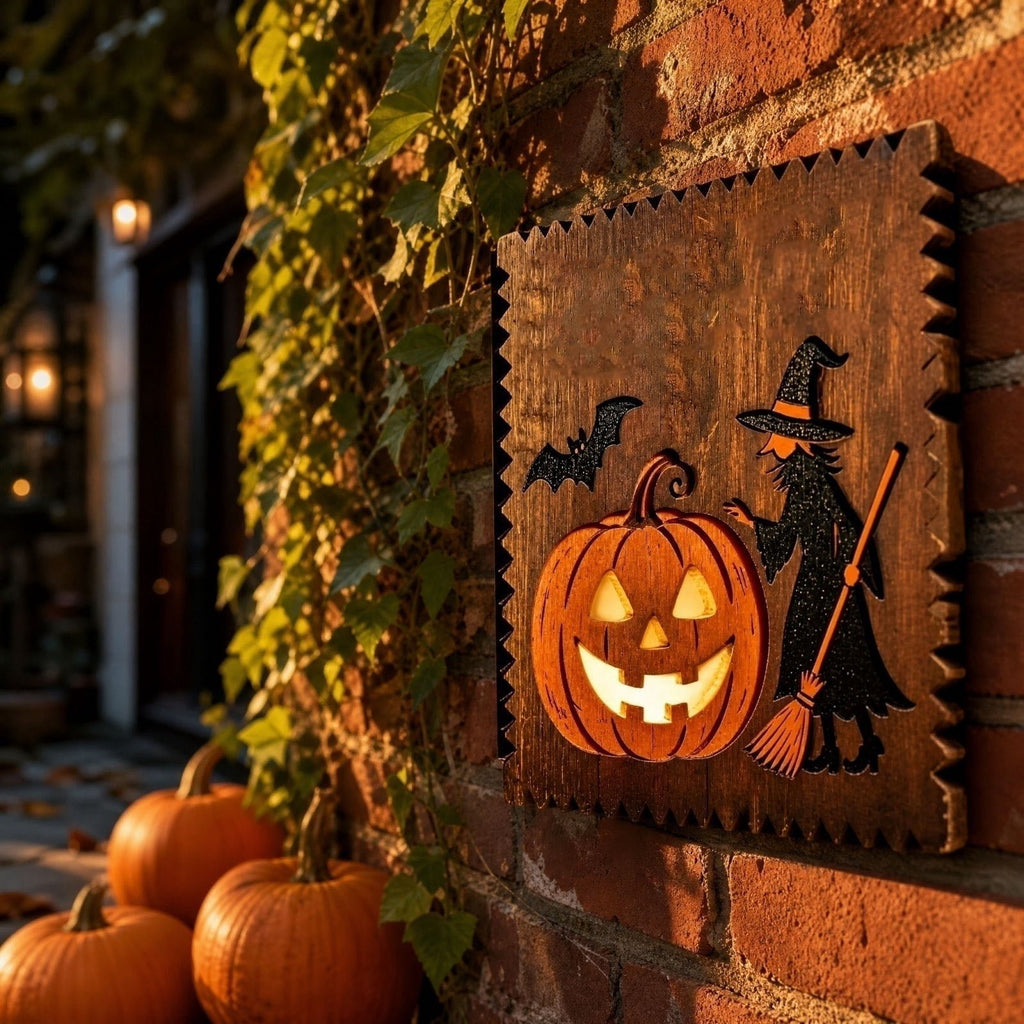 Haunt & Co FantasyFrolic Summerween Halloween Resin Pumpkin Hanging Ornament 3D Glowing Witch Bat Wall Decor Festive Home Party Atmosphere B