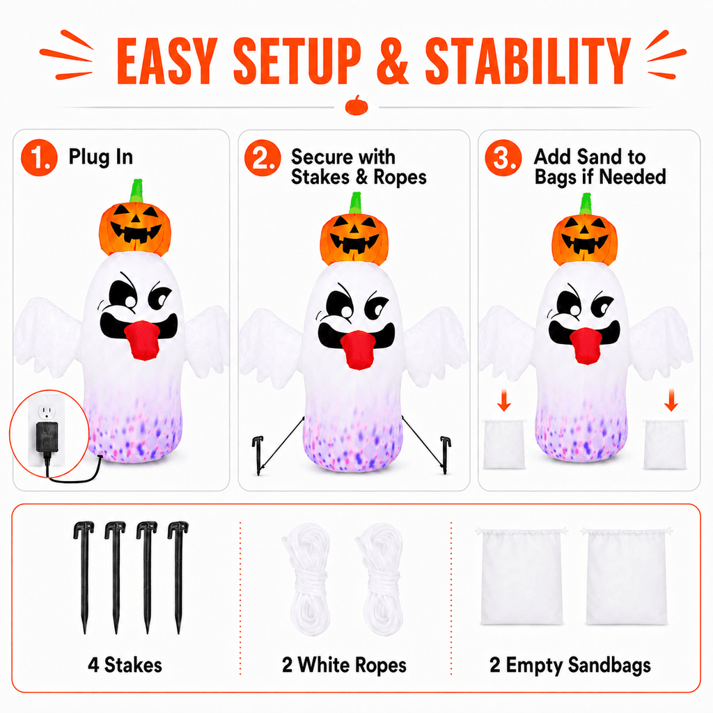 Haunt & Co 6FT Halloween Inflatable Ghost with Pumpkin Head, Light-Up Blow Up Outdoor Yard Decoration with White and RGB LED Lights