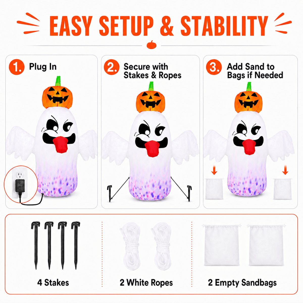 Haunt & Co 6FT Halloween Inflatable Ghost with Pumpkin Head, Light-Up Blow Up Outdoor Yard Decoration with White and RGB LED Lights