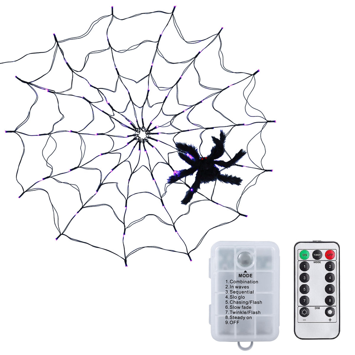Haunt & Co Halloween Spider Web Light LED and a 5in Spider, 3.28ft Spider Web Light Decorations 70 LED Lighted, Indoor Outdoor House Yard Garden Scary Halloween Window Light, Battery Operated, Purple