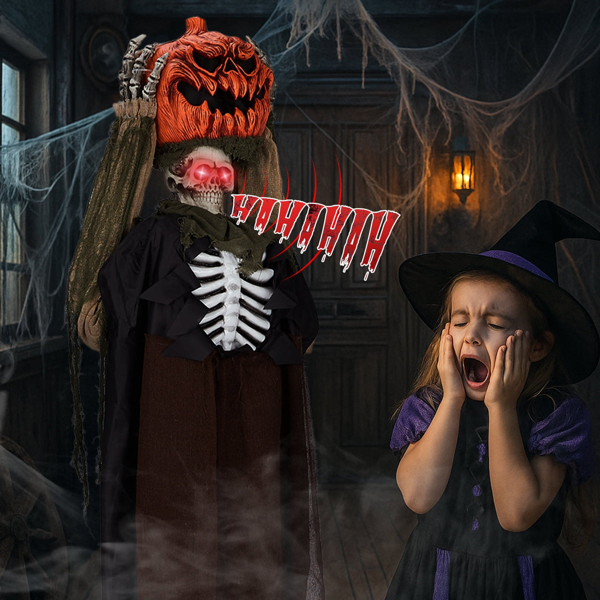 Haunt & Co 6ft Ghost with The Pumpkin Head Halloween Animated Animatronic Decoration w/ Pre-Recorded Screaming