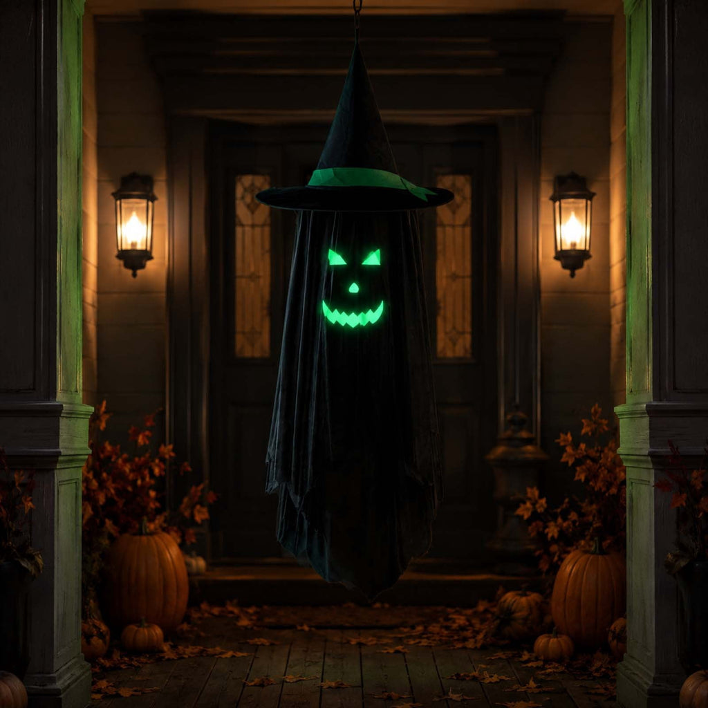 Haunt & Co Halloween Ghost Glow in Dark Outdoor Hanging Ornament 11.8 Inch - Spooky Luminous Pendant with Expressive Face for Yard Porch Tree Party Decor