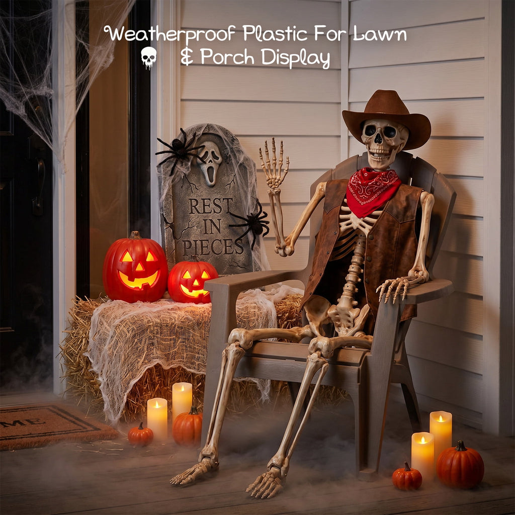 Haunt & Co 5.4ft Halloween Skeleton Decorations, Weathered Posable Skeleton Decor for Outdoor Indoor