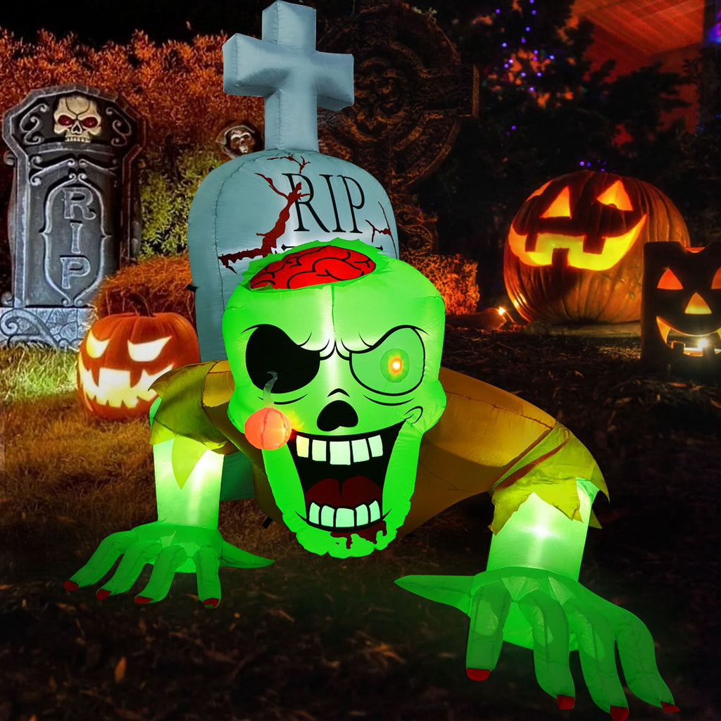 Haunt & Co 5.7FT Inflatable Halloween Inflatable Crawling Green Ghost with Tombstone Built-in LED Lights Inflatable LED Lights Blow Up Yard Decoration