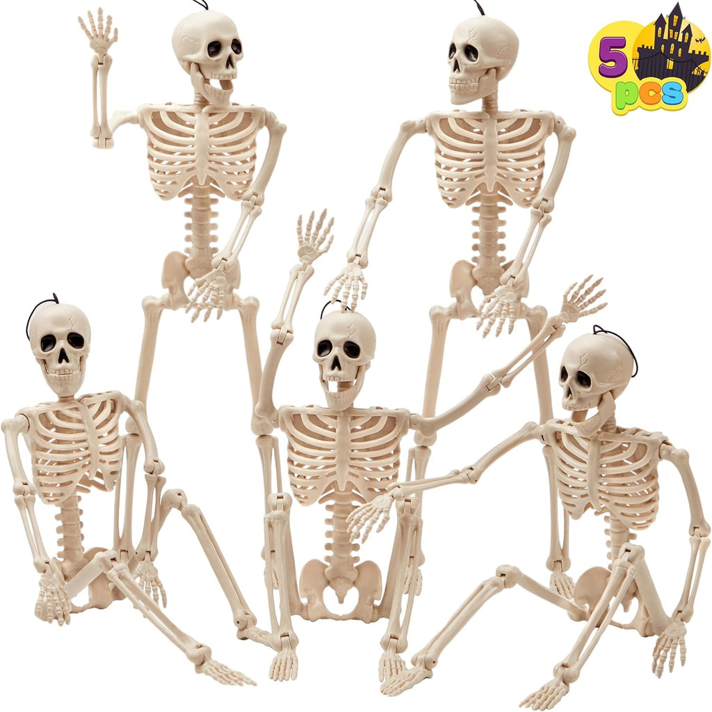 Haunt & Co 5 PCS Posable Halloween Skeleton Decor 16 Inches, Full Body Posable Joints Hanging Skeletons for , Graveyard Props, Haunted House Accessories, Spooky Scene Party Favors