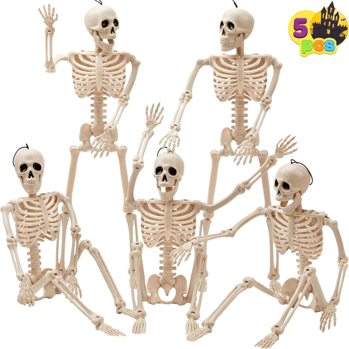Haunt & Co 5 PCS Posable Halloween Skeleton Decor 16 Inches, Full Body Posable Joints Hanging Skeletons for , Graveyard Props, Haunted House Accessories, Spooky Scene Party Favors