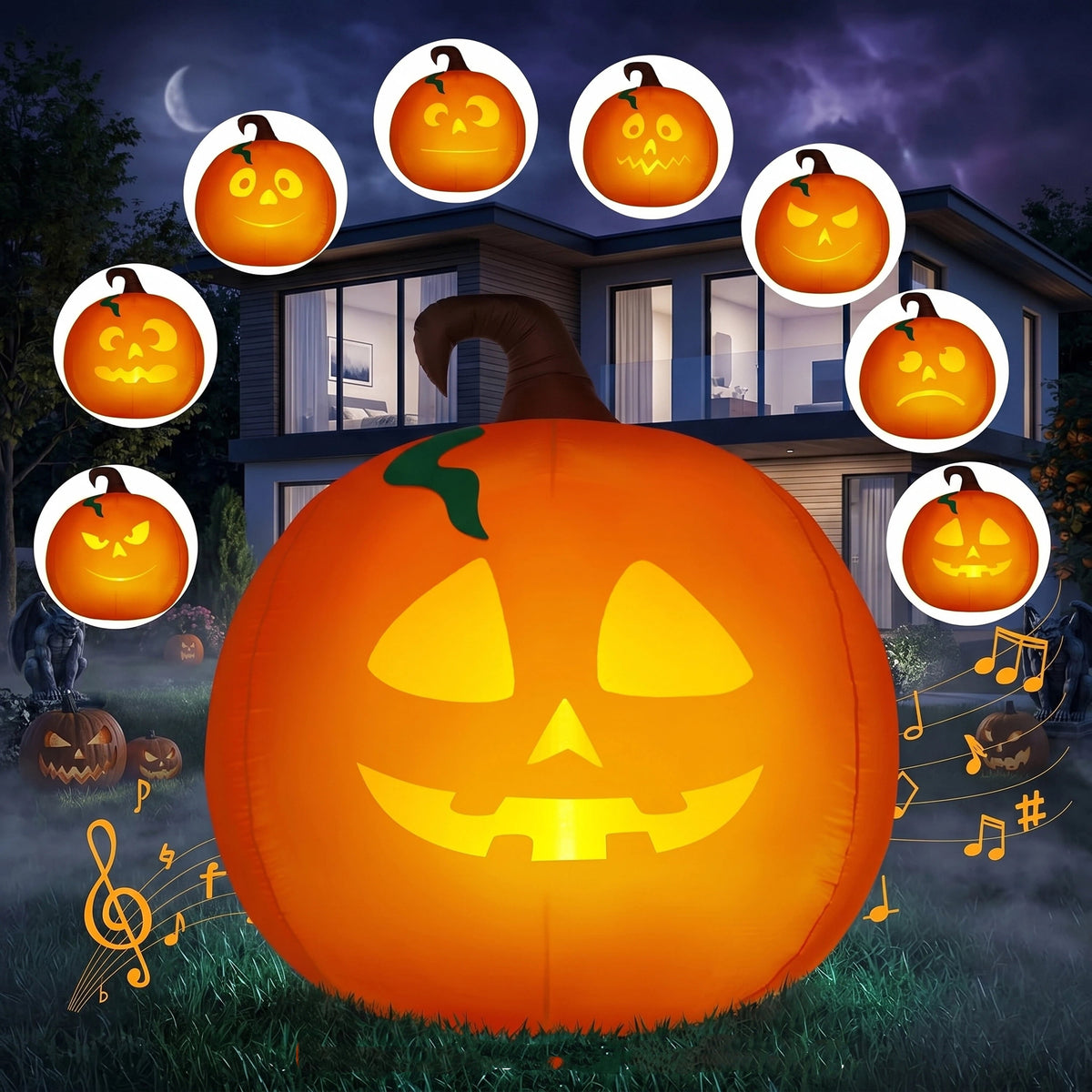 Haunt & Co 5 Ft Tall Halloween Inflatable Pumpkin,Blow Up Pumpkin with Projector Face and Music Lights,Outdoor Decorations