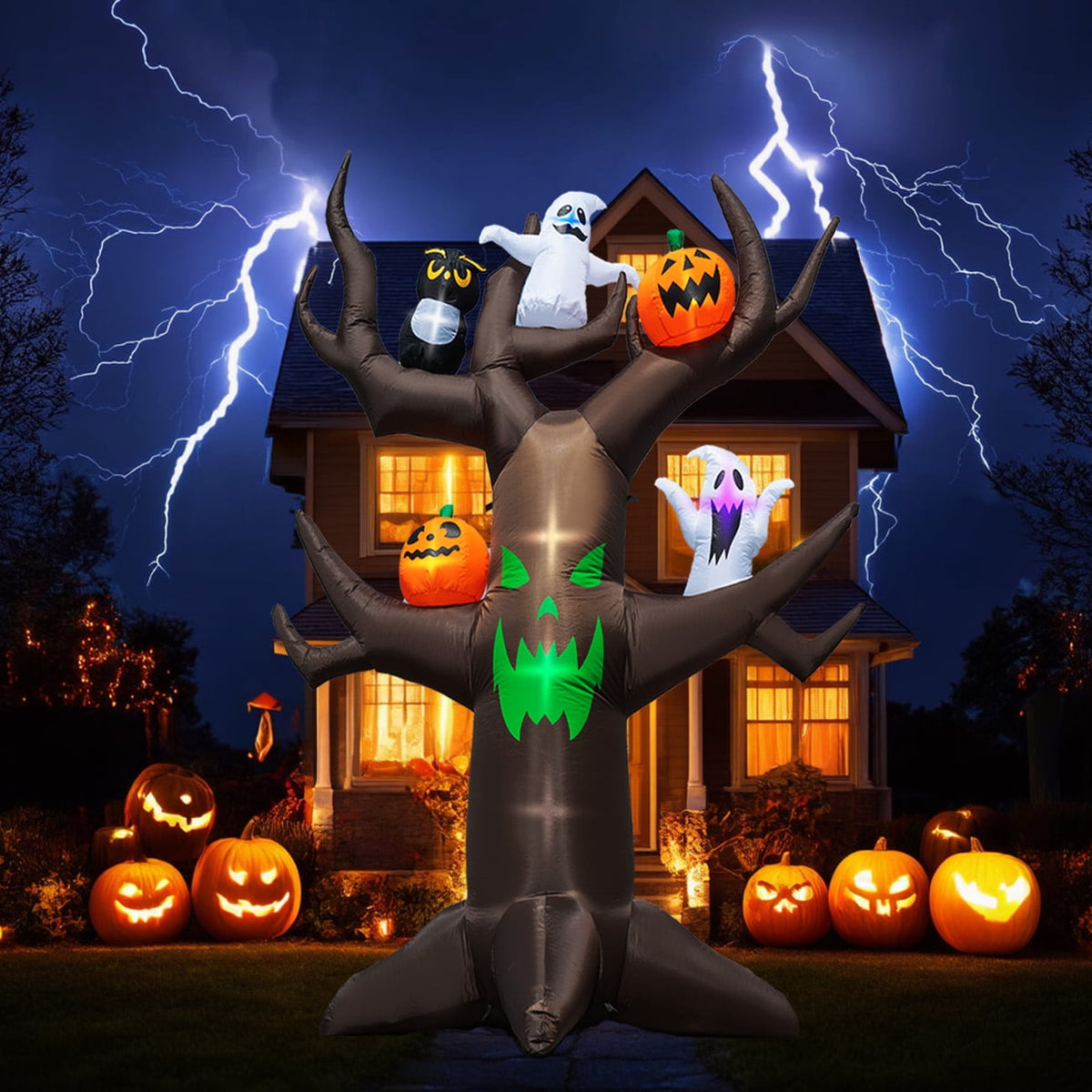 Haunt & Co Coolmade 9ft Halloween Inflatable Tree Decoration with pumpkin, Ghost, Owl, Blow up Yard Inflatables with Built-in LEDs