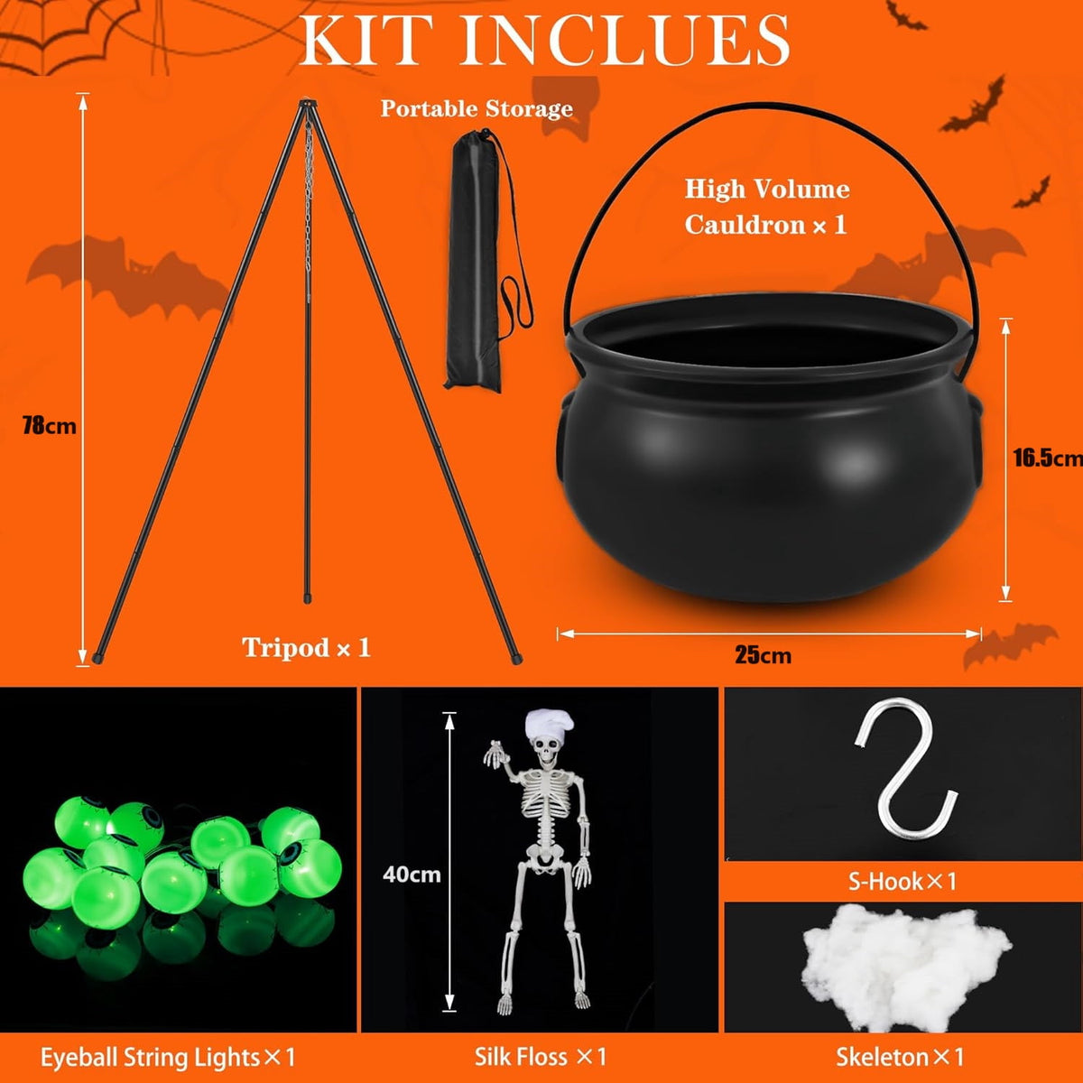 Haunt & Co YIKA Halloween Decoration Tripod Witch Pot Lamp Decorative Strip With Skeleton Man Halloween Ornaments