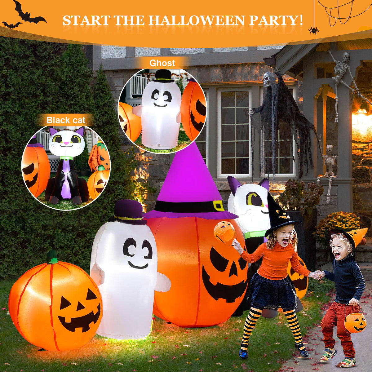 Haunt & Co 8ft Halloween Inflatable Pumpkins Outdoor Decor with Black Cat and Spectre,Built-in LED Lights