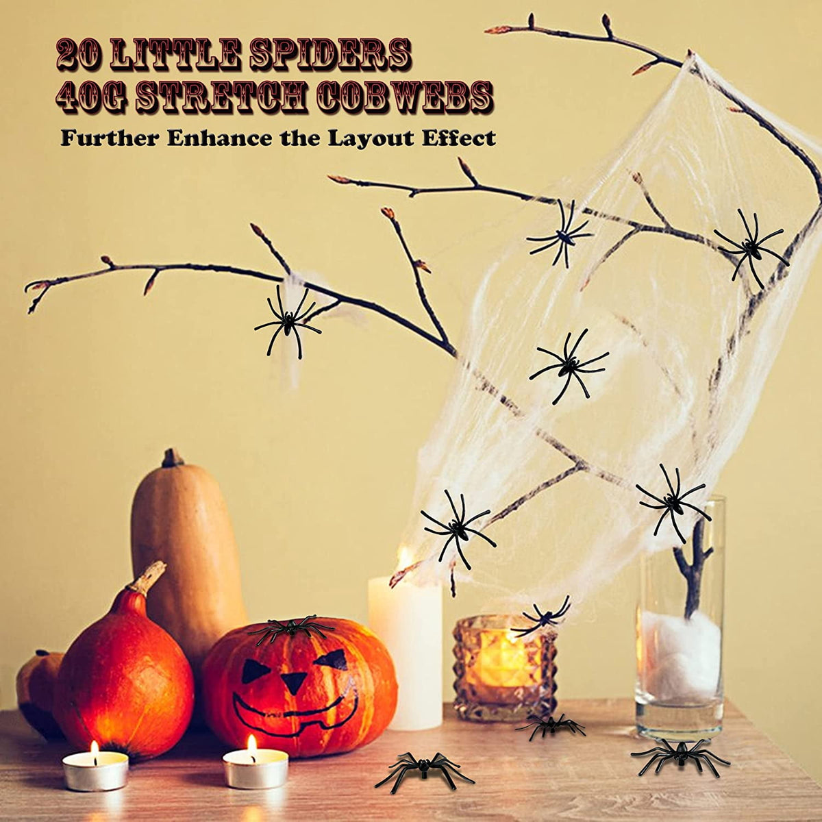 Haunt & Co Vafful Outdoor Yrad Spider Web 275'' and 59'' Giant Spider with 20 pcs Small Spider and 40g Stretch Cobwebs