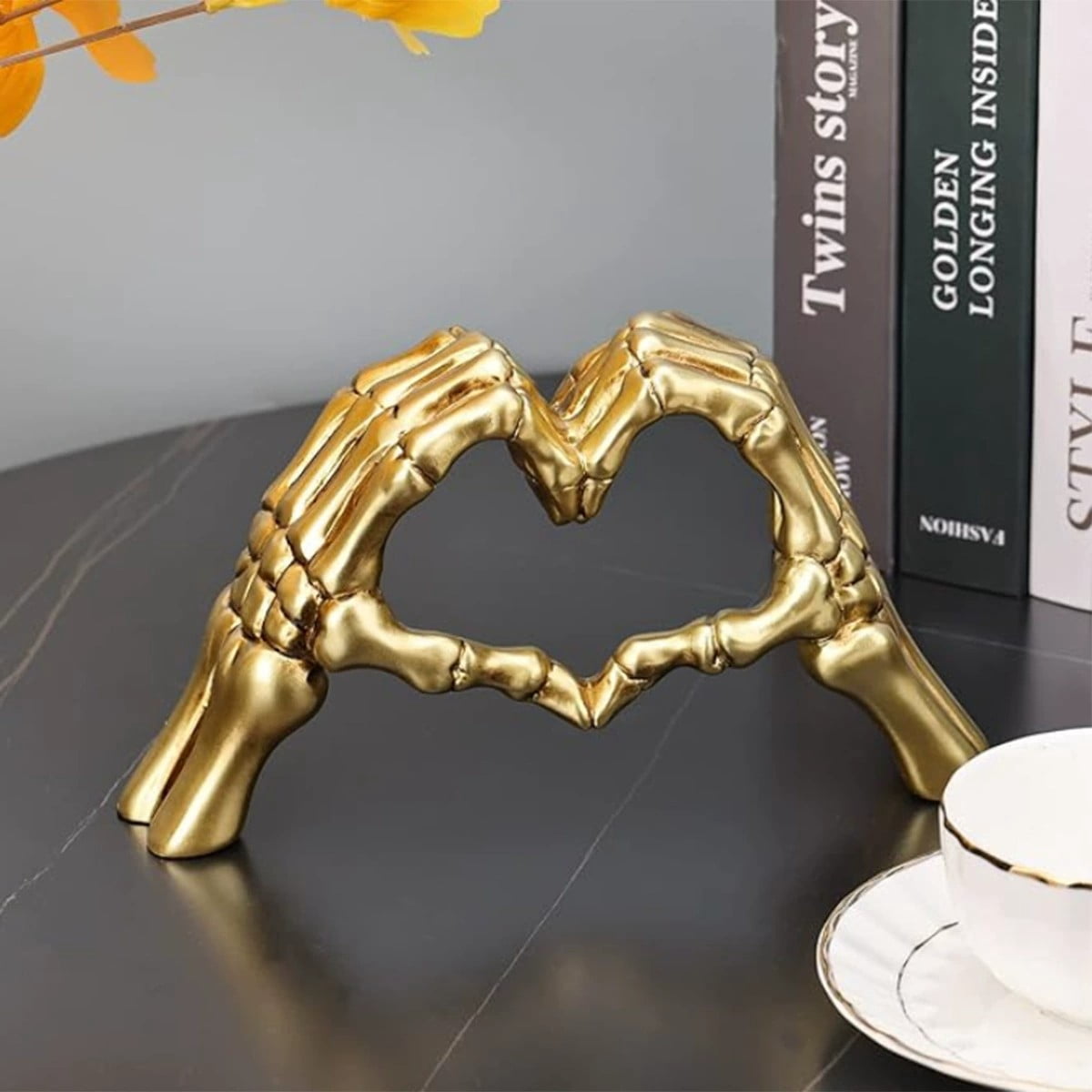 Haunt & Co Halloween Resin Abstract Skeleton Statue Love Ornaments Heart Shape Finger Gesture Figurines Halloween Home Desktop Decoration for Shelf Display Coffee Table Centerpiece Wedding Decor