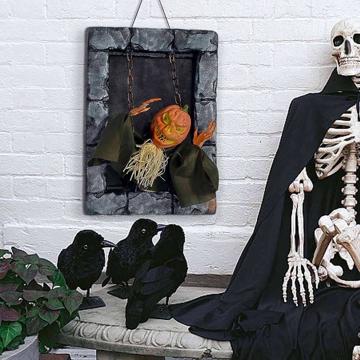 Haunt & Co HOZVOMI Motion-Activated Halloween Tombstone Decoration - Hanging Ornament with Glowing LED & Screaming Sound Effects for Spooky Outdoor Indoor Decor