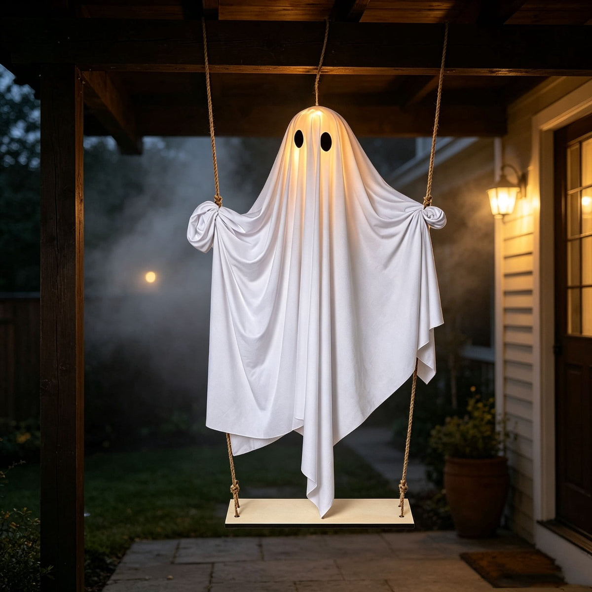 Haunt & Co Gaecuw White Halloween Hanging Ghost Decor with Lights, LED Glowing Fabric Ornament for Porch Tree, Spooky Indoor Outdoor Holiday Decoration, 74.80x15.75x5.51in
