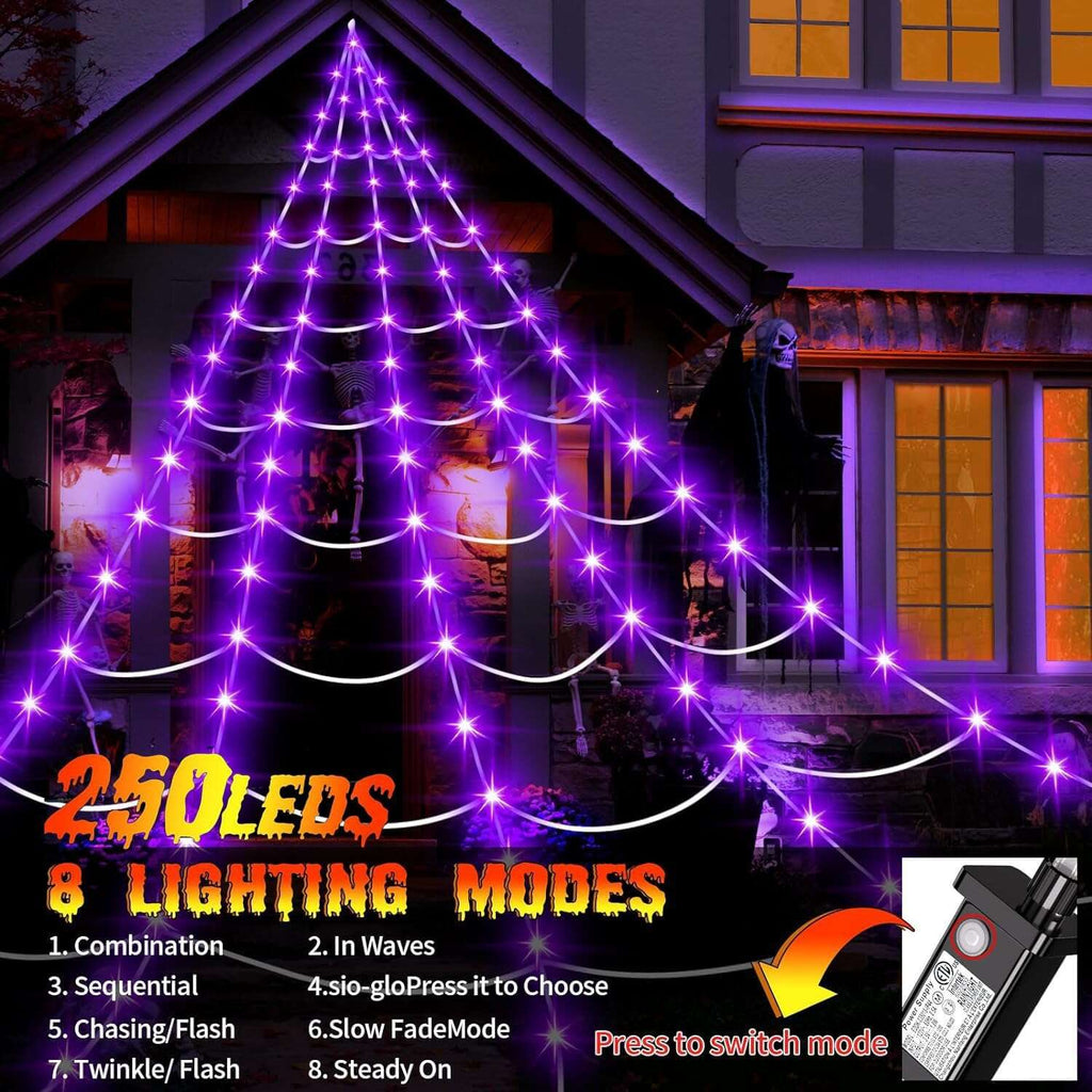 Haunt & Co Coolmade Halloween Giant Spider Web Lights Decorations Outdoor, 16.4ft 250 LED Lighted Spider Web Light up with 8 Modes with 59" Giant Spider
