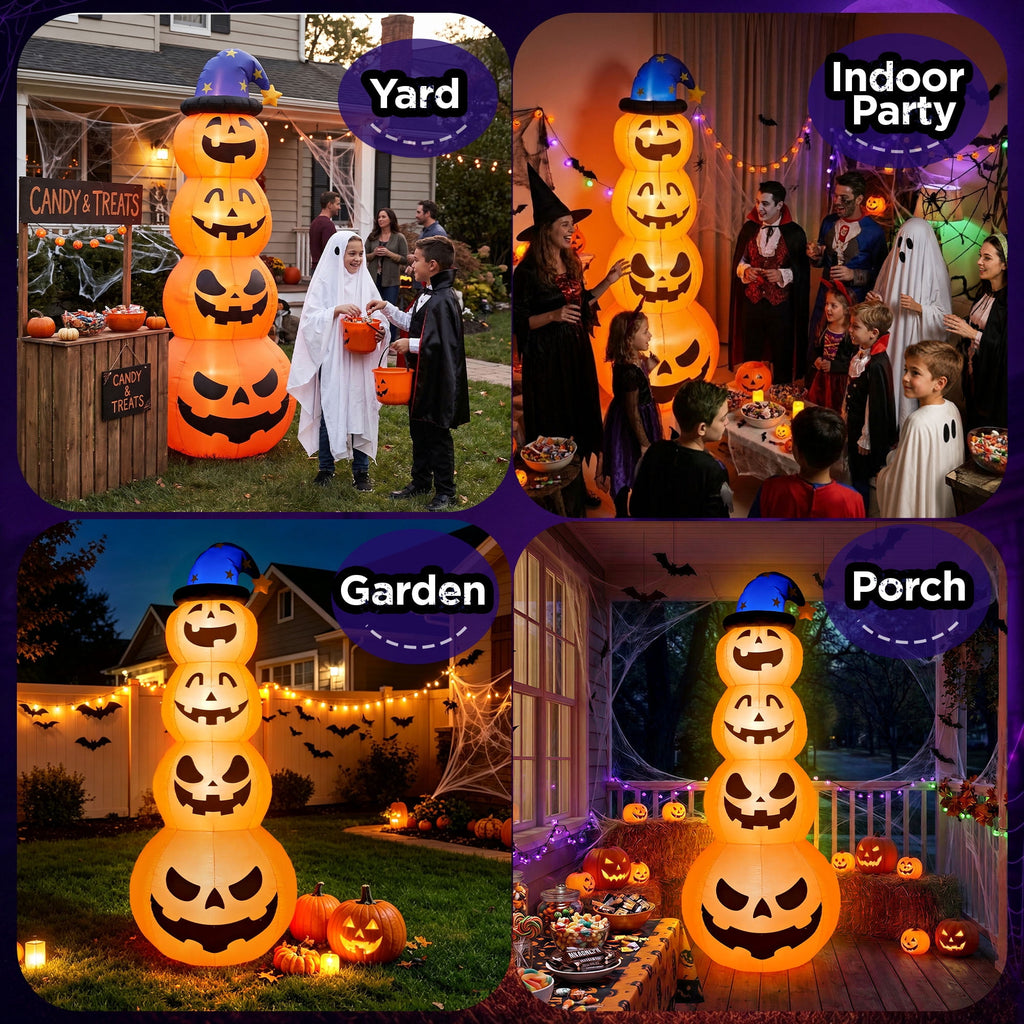 Haunt & Co 8ft Halloween Inflatable, Stacked Pumpkins with Witch Hat and Built-in LED Lights, Outdoor
