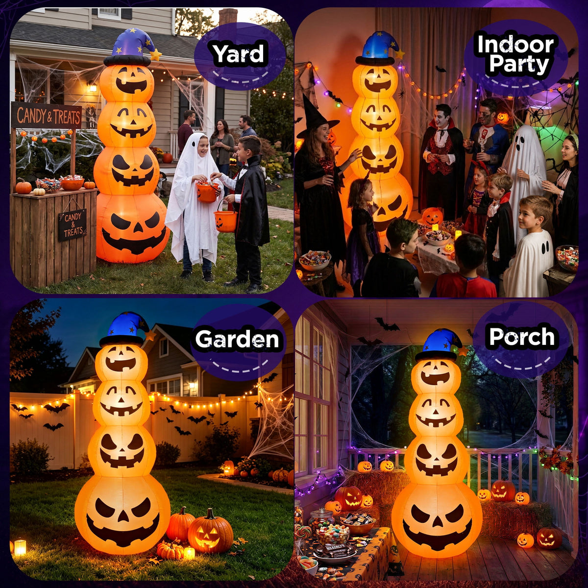 Haunt & Co 8ft Halloween Inflatable, Stacked Pumpkins with Witch Hat and Built-in LED Lights, Outdoor