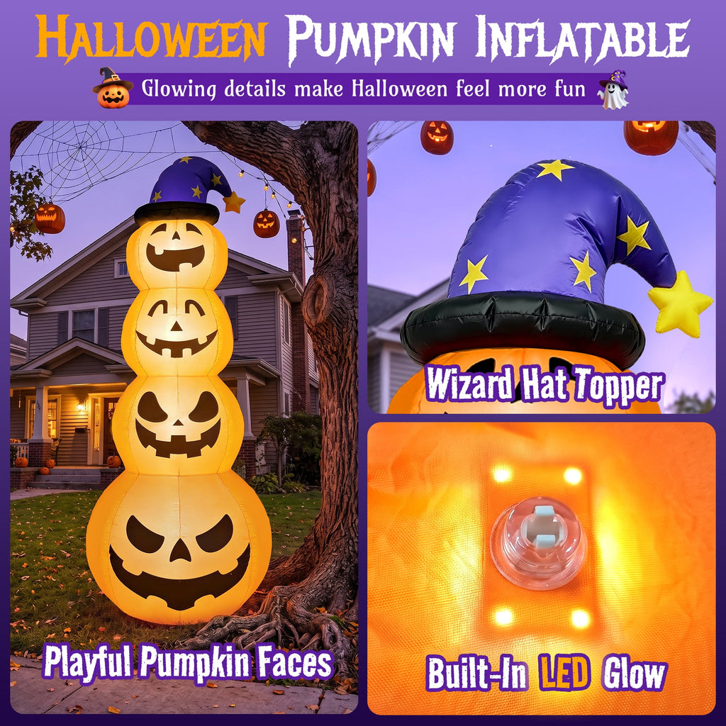 Haunt & Co 8 ft Halloween Pumpkin Stack Inflatable Decoration with Witch Hat, Lighted