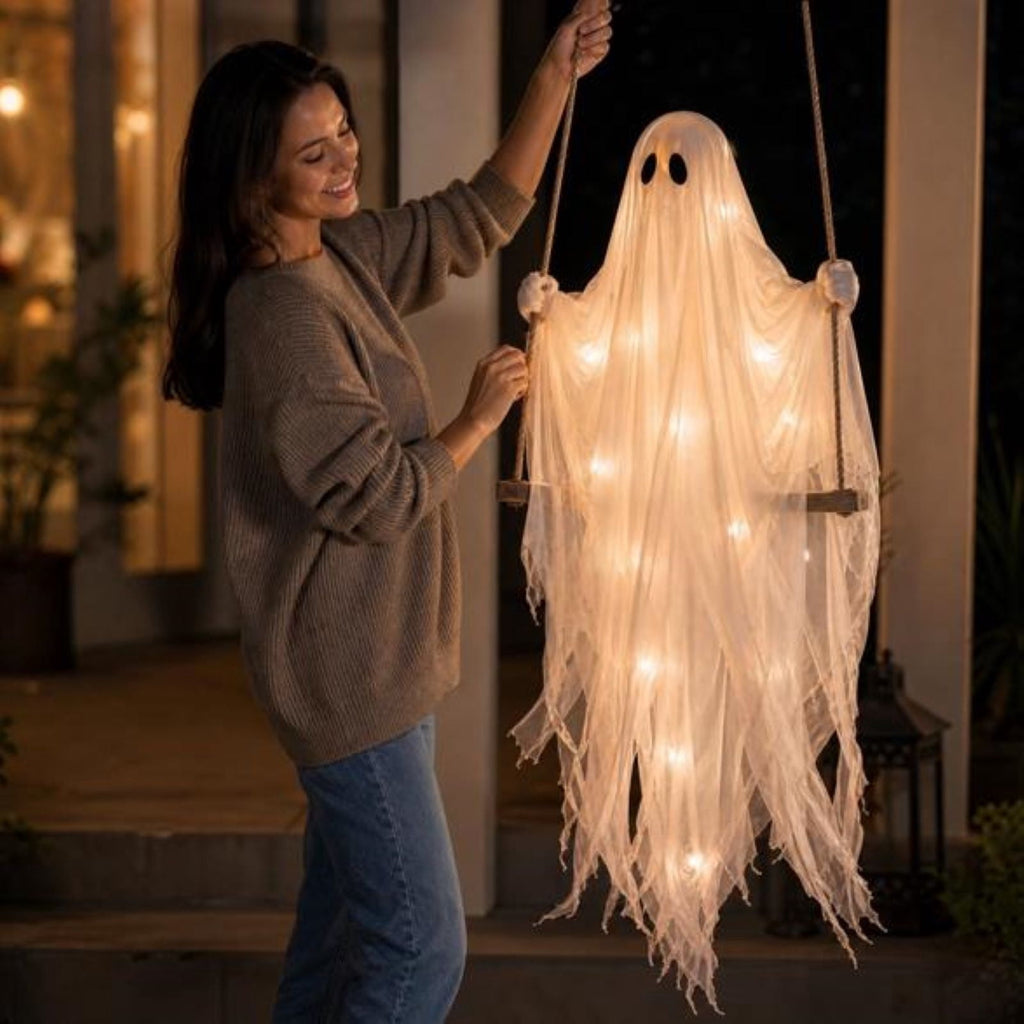 Haunt & Co Gaecuw 59 Inch Halloween Hanging Swing Ghost Decoration, Light-Up Gauze Ghost Ornament for Tree Yard Porch Outdoor Decor, As Shown