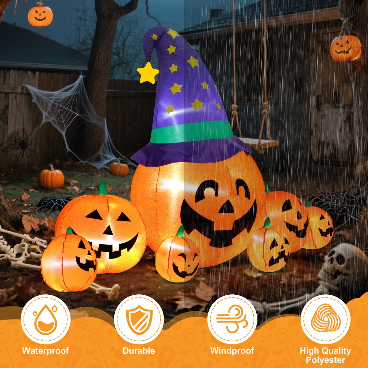 Haunt & Co 8.7FT Halloween Inflatable Pumpkin Set, 7-Pumpkin Outdoor Decoration with Witch Hats and LED Lights