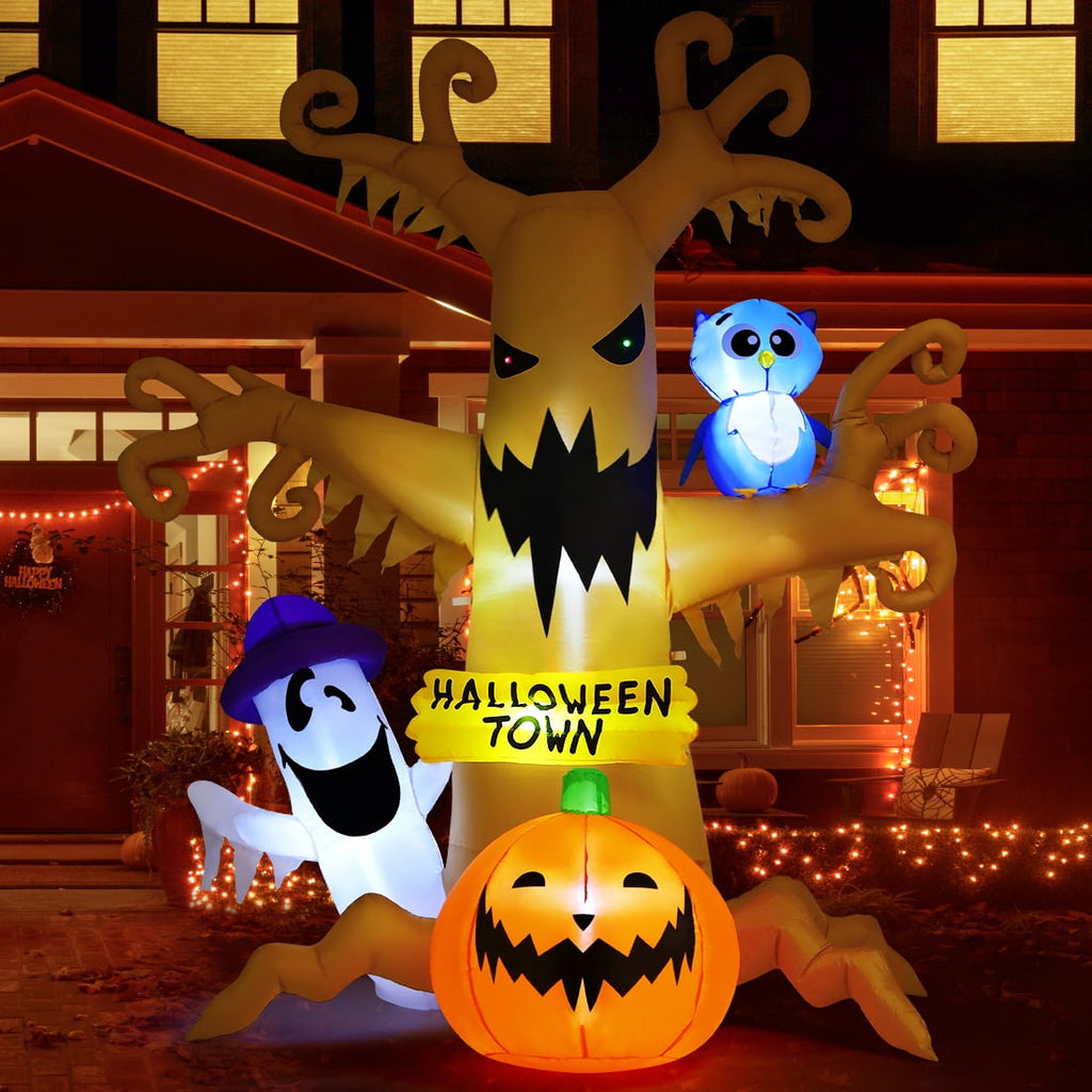 Haunt & Co Halloween Inflatables 8 FT Halloween Inflatable tree with Ghost Pumpkin and Owl, Halloween Dead Tree Decorations Scary with Built-in Lights for Halloween/Holiday/Party