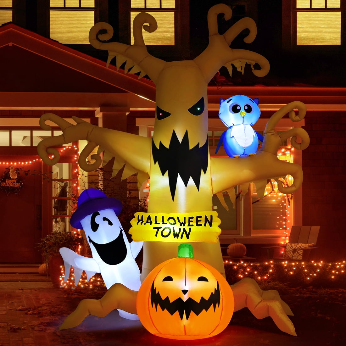 Haunt & Co Halloween Inflatables 8 FT Halloween Inflatable tree with Ghost Pumpkin and Owl, Halloween Dead Tree Decorations Scary with Built-in Lights for Halloween/Holiday/Party