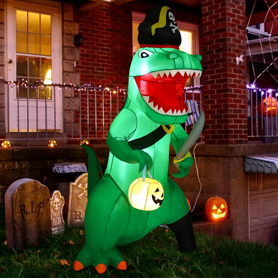Haunt & Co 7FT Outdoor Halloween Dinosaur Inflatable, Halloween Inflatables Blow up Dinosaur, Green Pirate Dino Dinosaur Halloween Inflatable for Holiday/Party