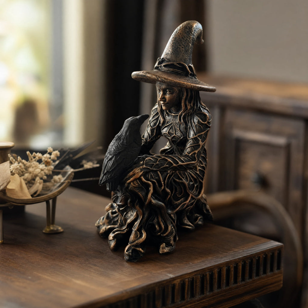 Haunt & Co Halloween Witch Statue, 7.87" Gothic Halloween Resin Figurine Retro Magician Decor Dark Fantasy Ornament Halloween Festival Collectible