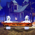 Haunt & Co Large Hallowee Inflatable-8FT White Ghosts with Orange Banner Print - Happy Halloween - LED Lights Outdoor Blow Up Decoration