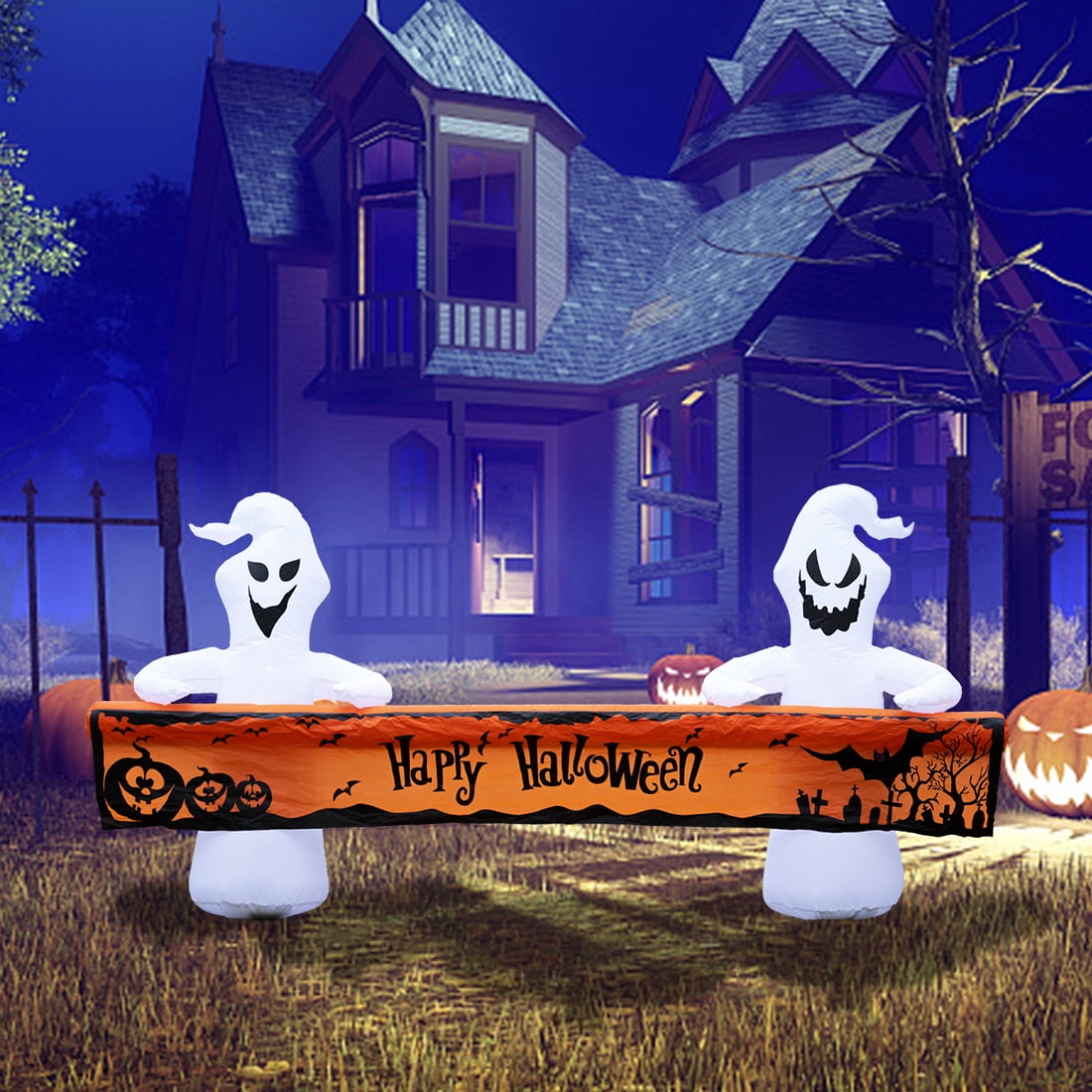 Haunt & Co Large Hallowee Inflatable-8FT White Ghosts with Orange Banner Print - Happy Halloween - LED Lights Outdoor Blow Up Decoration