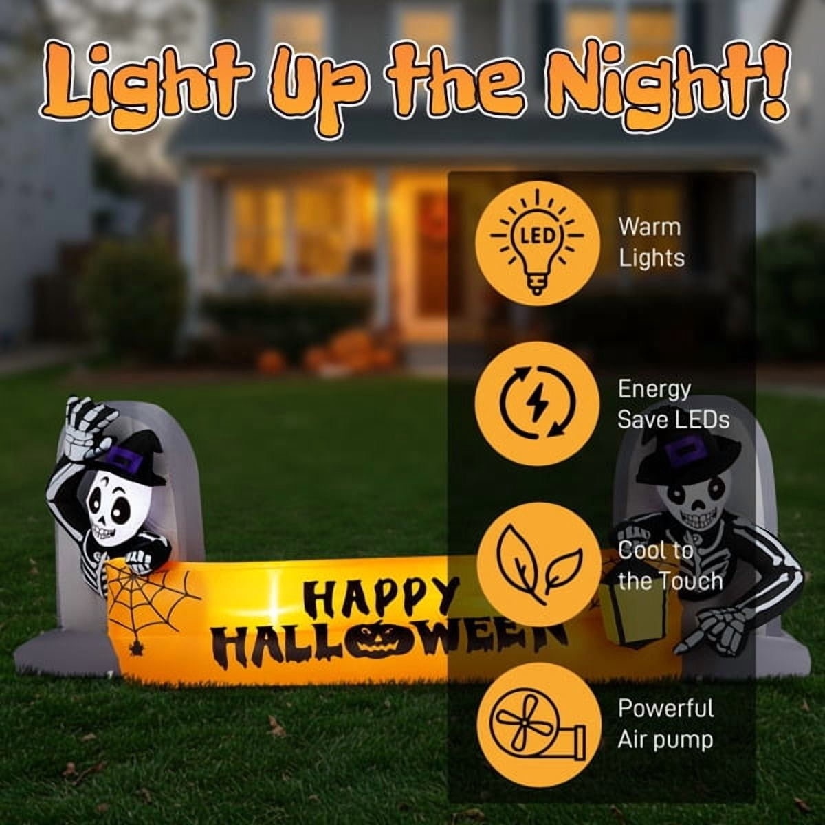 Haunt & Co 9.6FT Halloween Inflatable Skeleton Tombstone Banner, Built-in 4 White LED Lights, Quick Inflation