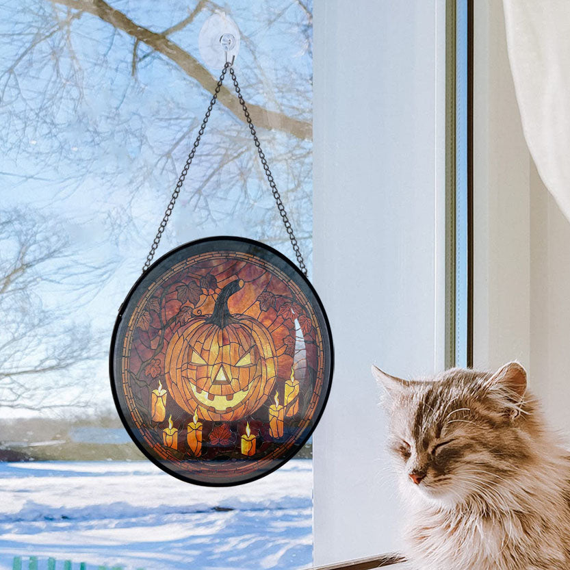 Haunt & Co Halloween Pumpkin Stained Glass Window Hanging Sun Catcher Halloween Haning Ornament Decoration Christmas Birthday Gifts for Lover and Friends, Stained Glass Ornament 2025