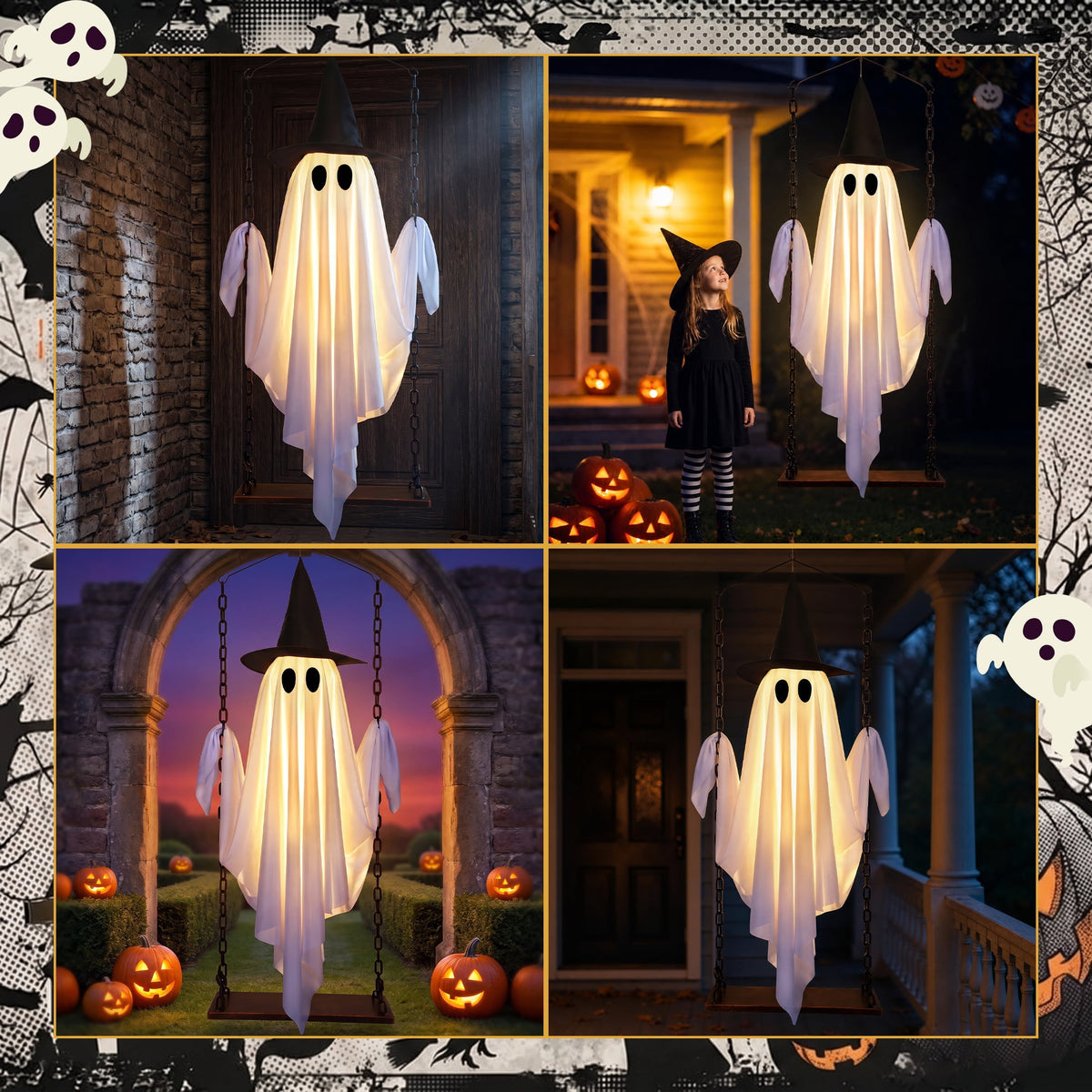 Haunt & Co Outdoor, Hanging Swing Ghosts with Lights Halloween Spooky Cute Ghosts Decor for Outside Home Front Porch Yard Lawn Tree