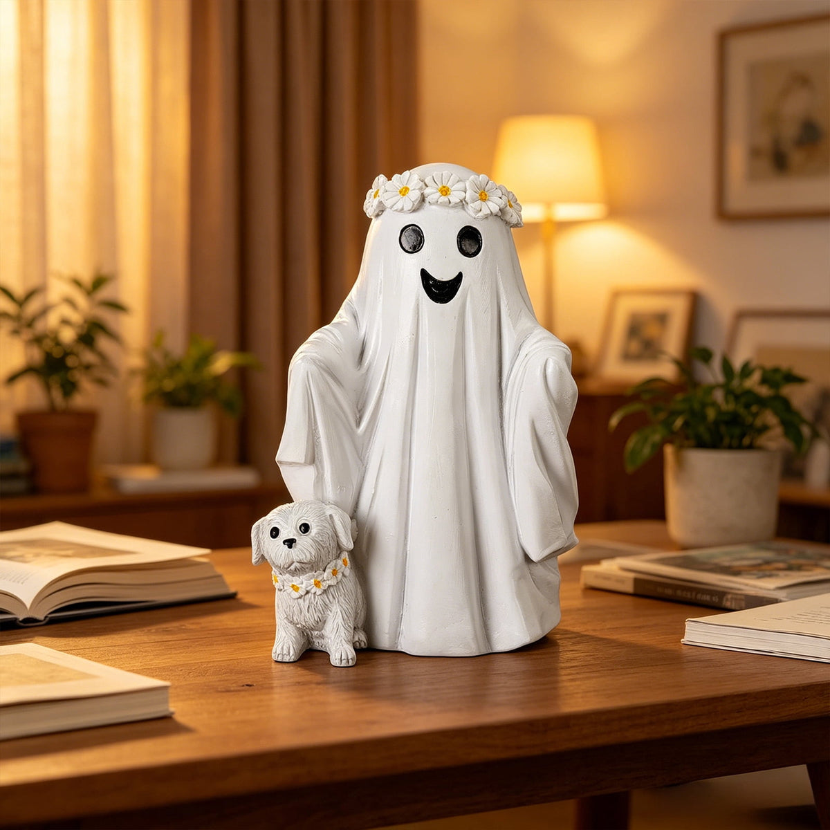Haunt & Co Hand Painted White Ghost Walking Dog Statue Weatherproof Halloween Ornament for Farmhouse Porch Indoor Shelf Seasonal Decor(Whiteï¼?