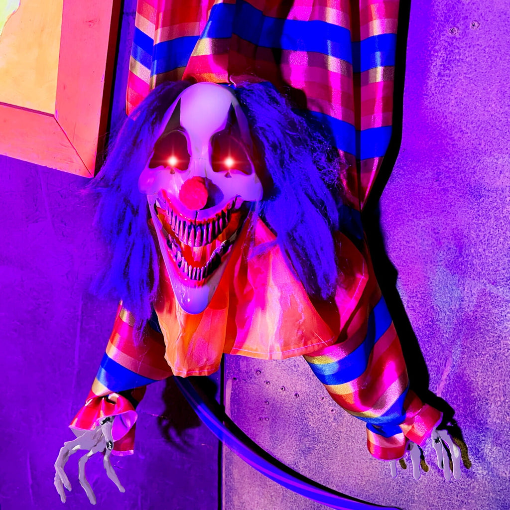Haunt & Co 47 in Animatronic Hanging Upside Down Clown with Lights and Sound