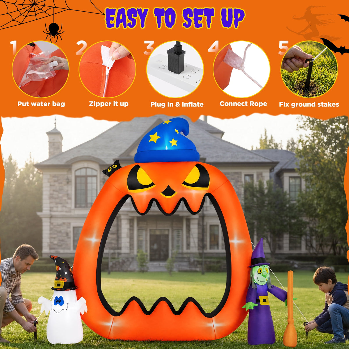 Haunt & Co 8.2ft Halloween Inflatable Pumpkins Photo Door with Ghost Witch Yard Party Outdoor Decorations with LED Lights