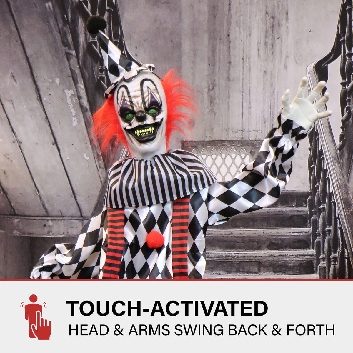 Haunt & Co 6 ft Animatronic Talking Clown on a Stage with Movement and Light-Up Eyes for Scary