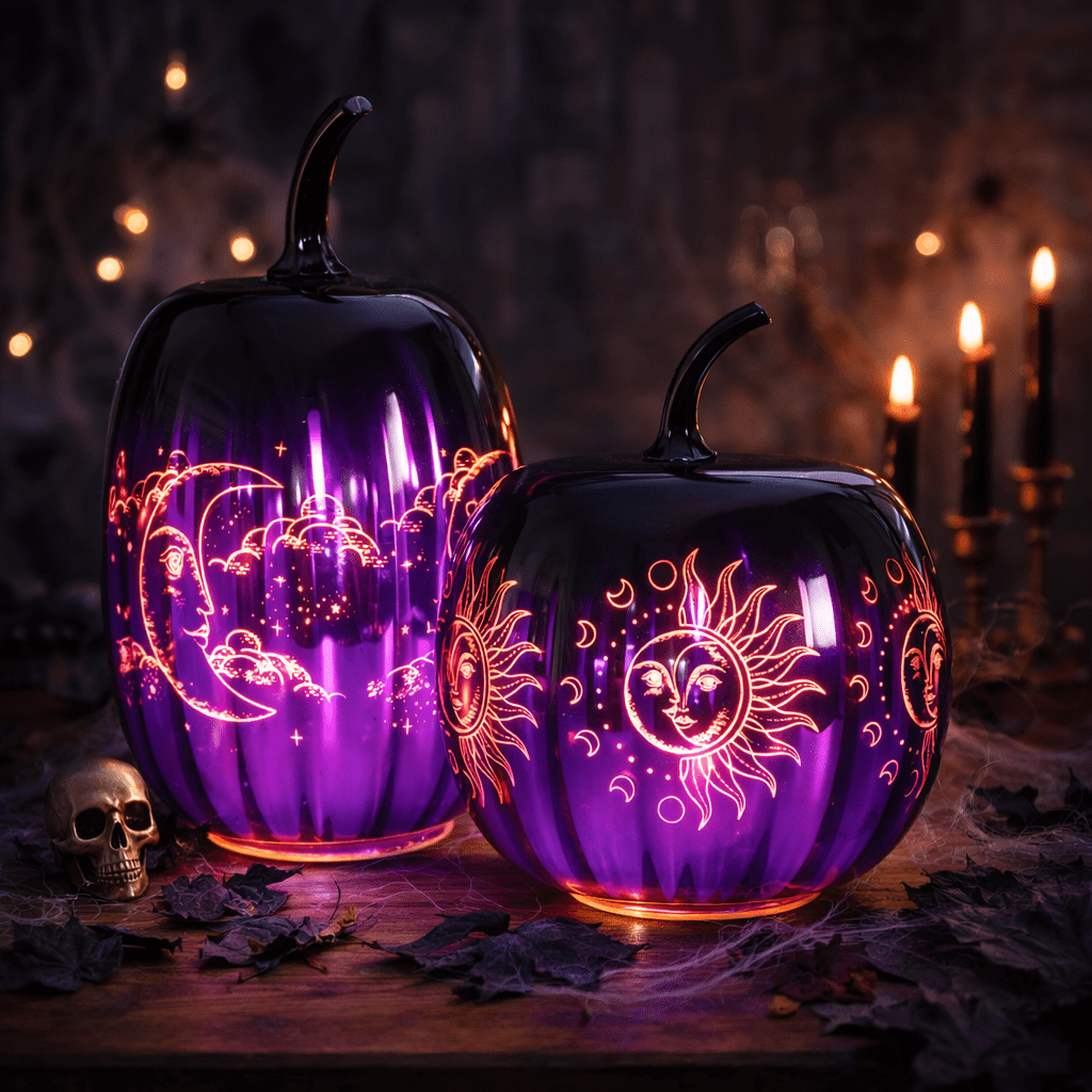 Haunt & Co 2pcs Fall Halloween Pumpkin-Purple Glass Pumpkin Ornament with Enchanted Moon & Star Pattern and Built - in Fairy Lights for Decor