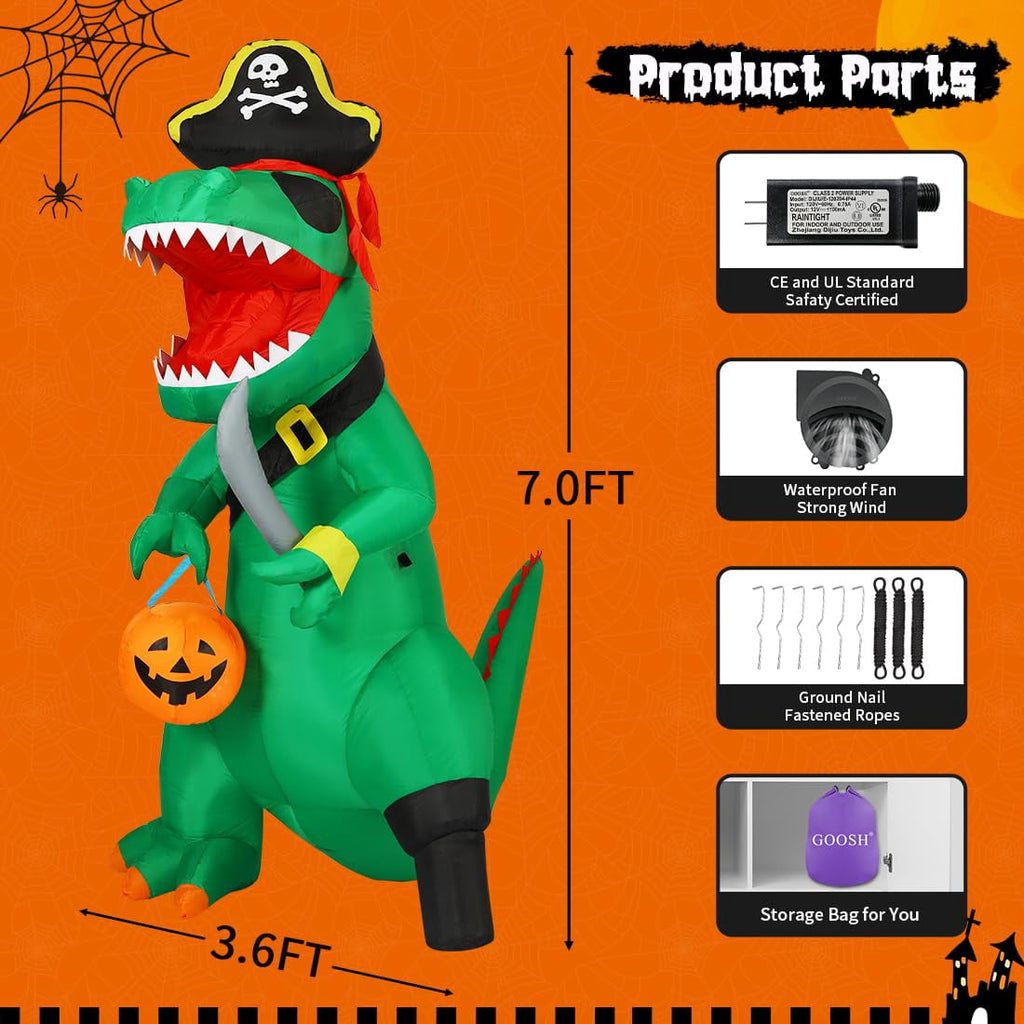 Haunt & Co 7FT Outdoor Halloween Dinosaur Inflatable, Halloween Inflatables Blow up Dinosaur, Green Pirate Dino Dinosaur Halloween Inflatable for Holiday/Party