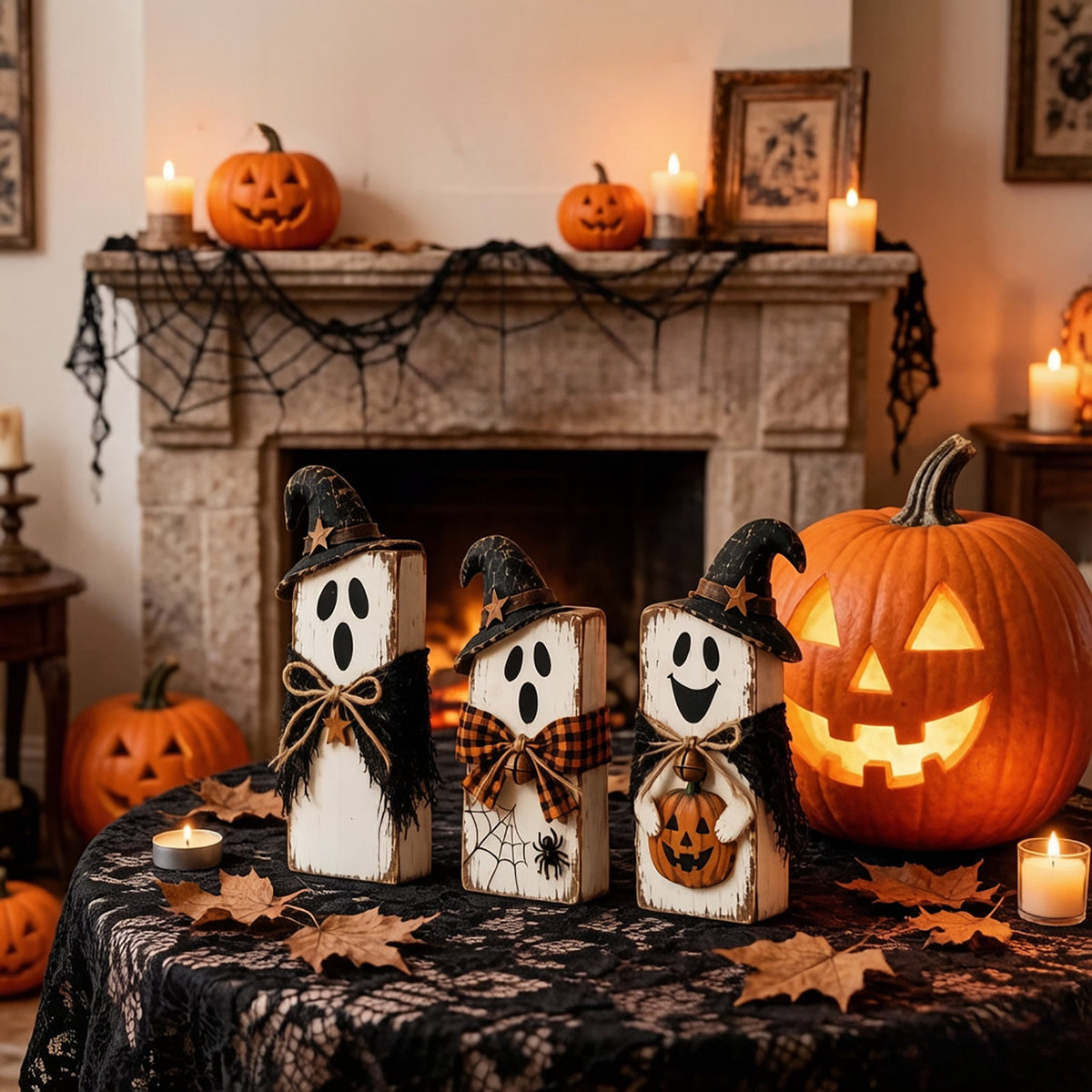 Haunt & Co PLLFRLRT Wooden Halloween Decorations Set Of 3 Fall Mantel Decor Ornaments Farmhouse Tabletop Signs with Witch Hat